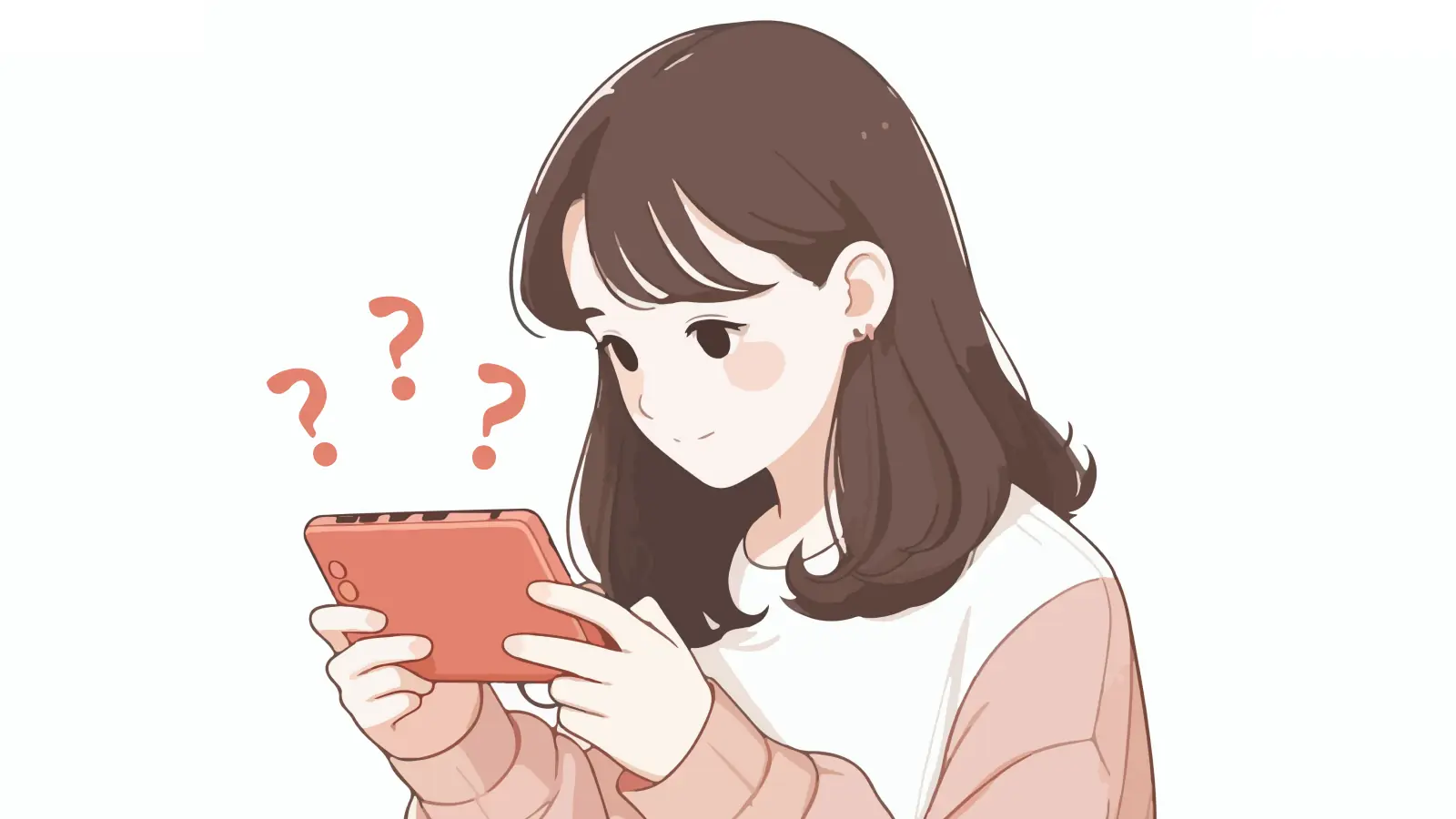A young woman looking at her phone with question marks above the screen, waiting for a message from him, expressive emotional illustration showing curiosity and anticipation, modern flat style, soft pastel tones