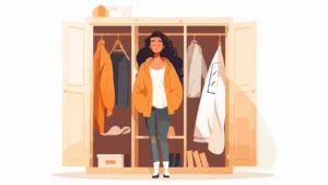 Illustration of a fashionable woman standing in front of an open closet filled with stylish clothes and accessories, representing personal style and dream wardrobe vibes