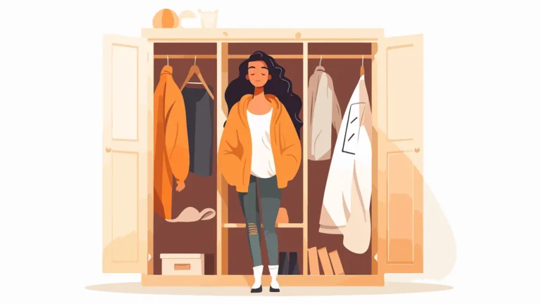 Illustration of a fashionable woman standing in front of an open closet filled with stylish clothes and accessories, representing personal style and dream wardrobe vibes