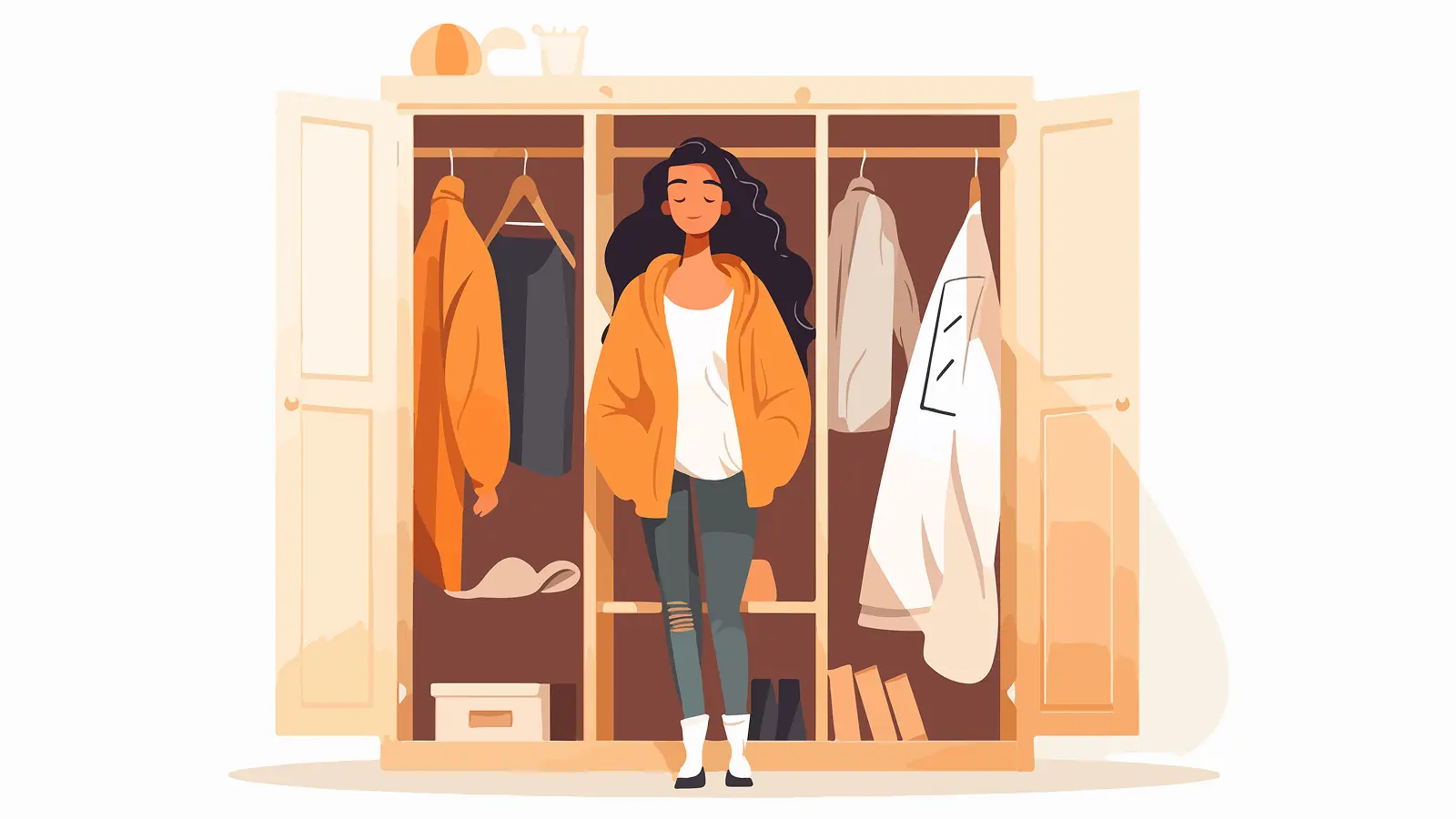 Illustration of a fashionable woman standing in front of an open closet filled with stylish clothes and accessories, representing personal style and dream wardrobe vibes