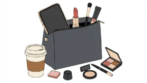 Elegant flat lay of a black makeup bag surrounded by beauty products and cosmetics, including brushes, lipstick, and perfume, on a soft neutral background.