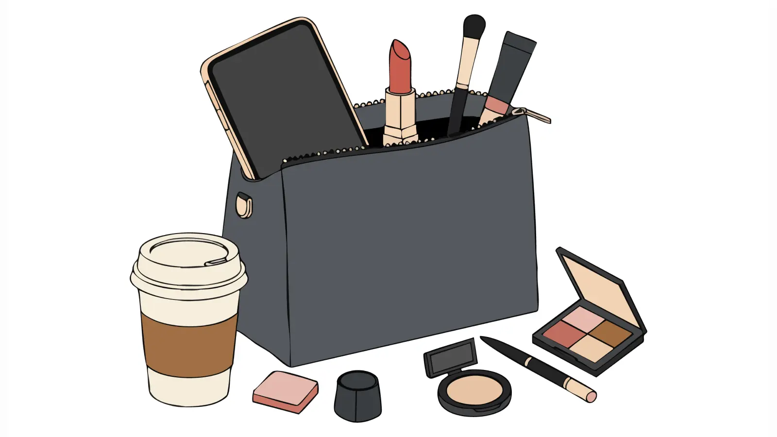 Elegant flat lay of a black makeup bag surrounded by beauty products and cosmetics, including brushes, lipstick, and perfume, on a soft neutral background.