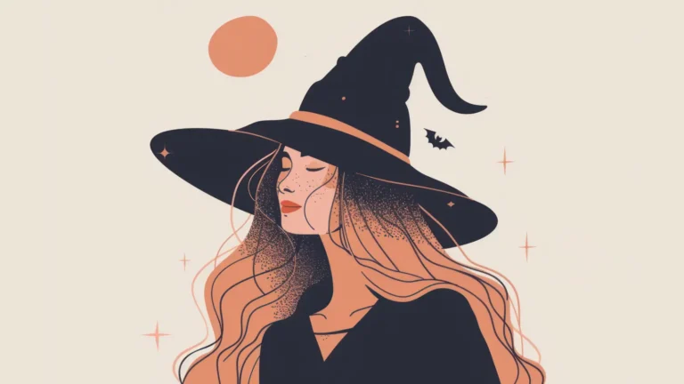 Stylish illustration of a modern witch dressed in black standing against a soft beige background, featuring mystical and feminine aesthetic vibes perfect for fantasy or magic-themed design.