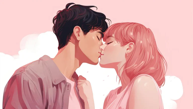 Romantic illustration of a couple sharing a gentle kiss in warm pink shades, expressing love and tenderness with a dreamy, modern aesthetic perfect for relationship or Valentine-themed designs.