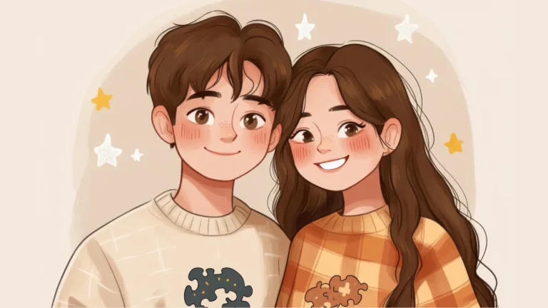 A cute illustration of a smiling couple featuring a happy boy and girl looking at each other with warmth and affection, capturing a soft romantic moment and positive relationship vibe.