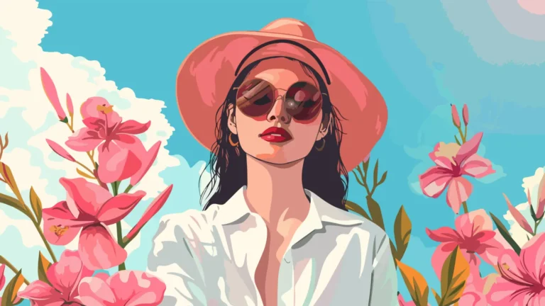 Stylish woman wearing a pink hat, brown sunglasses, and a white shirt standing outdoors surrounded by pink flowers and a soft blue and white sky in the background