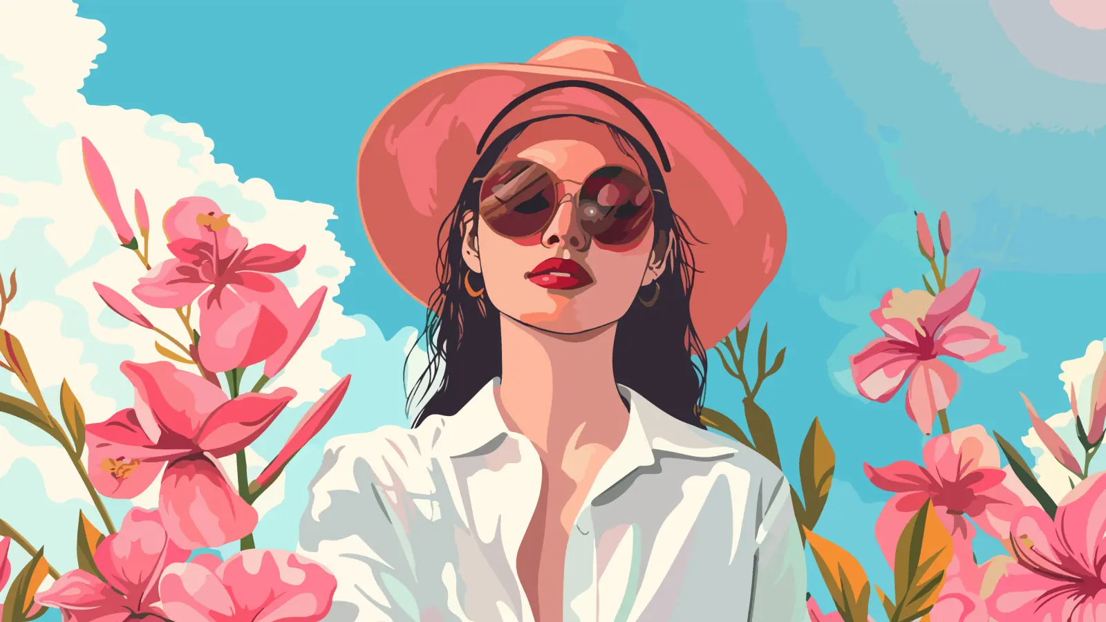 Stylish woman wearing a pink hat, brown sunglasses, and a white shirt standing outdoors surrounded by pink flowers and a soft blue and white sky in the background