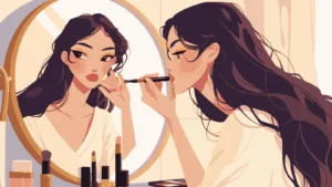 Elegant young woman putting on lipstick while looking at her reflection in the mirror, showcasing a soft, feminine, and stylish beauty moment.