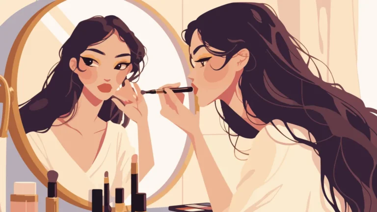 Elegant young woman putting on lipstick while looking at her reflection in the mirror, showcasing a soft, feminine, and stylish beauty moment.