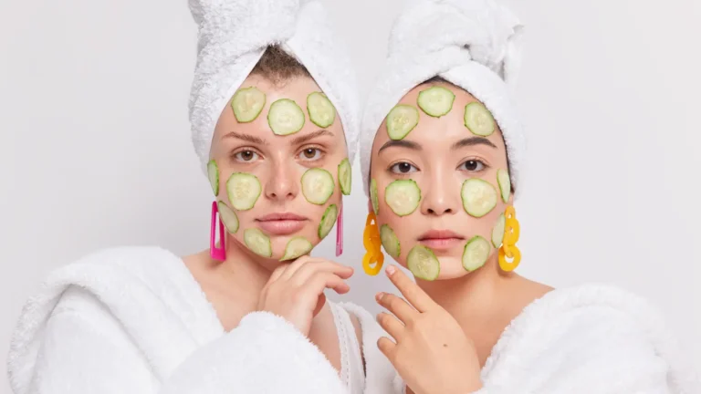 Two women in white robes with towels on their heads enjoying a cucumber face mask, smiling and relaxing at a spa