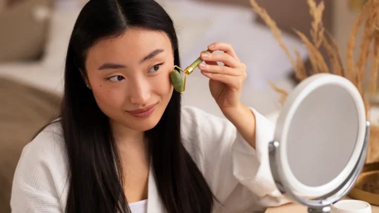 A beautiful young woman gently applying skincare in natural light, glowing skin and relaxed expression, self-care beauty concept.