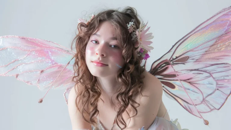 Beautiful girl dressed as a fairy with glowing wings, soft makeup, and dreamy atmosphere, radiating ethereal magic and fantasy charm.
