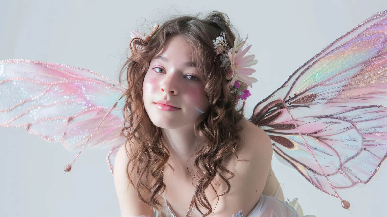 Beautiful girl dressed as a fairy with glowing wings, soft makeup, and dreamy atmosphere, radiating ethereal magic and fantasy charm.