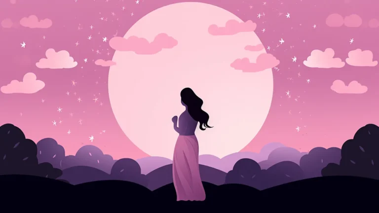 Dreamy illustration of a young woman standing before a large glowing moon surrounded by soft pink and violet tones, creating a magical and ethereal night atmosphere.