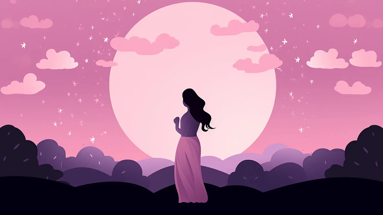 Dreamy illustration of a young woman standing before a large glowing moon surrounded by soft pink and violet tones, creating a magical and ethereal night atmosphere.