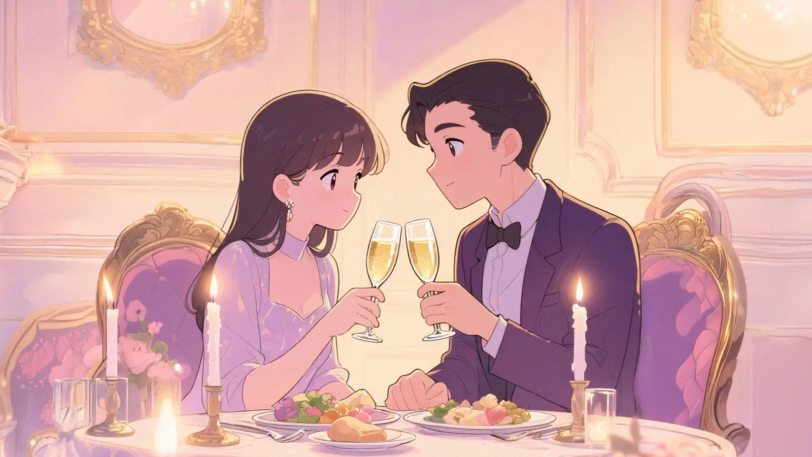 A beautiful couple sitting together on a romantic dinner date in an elegant restaurant with warm candlelight, smiling and enjoying each other’s company.