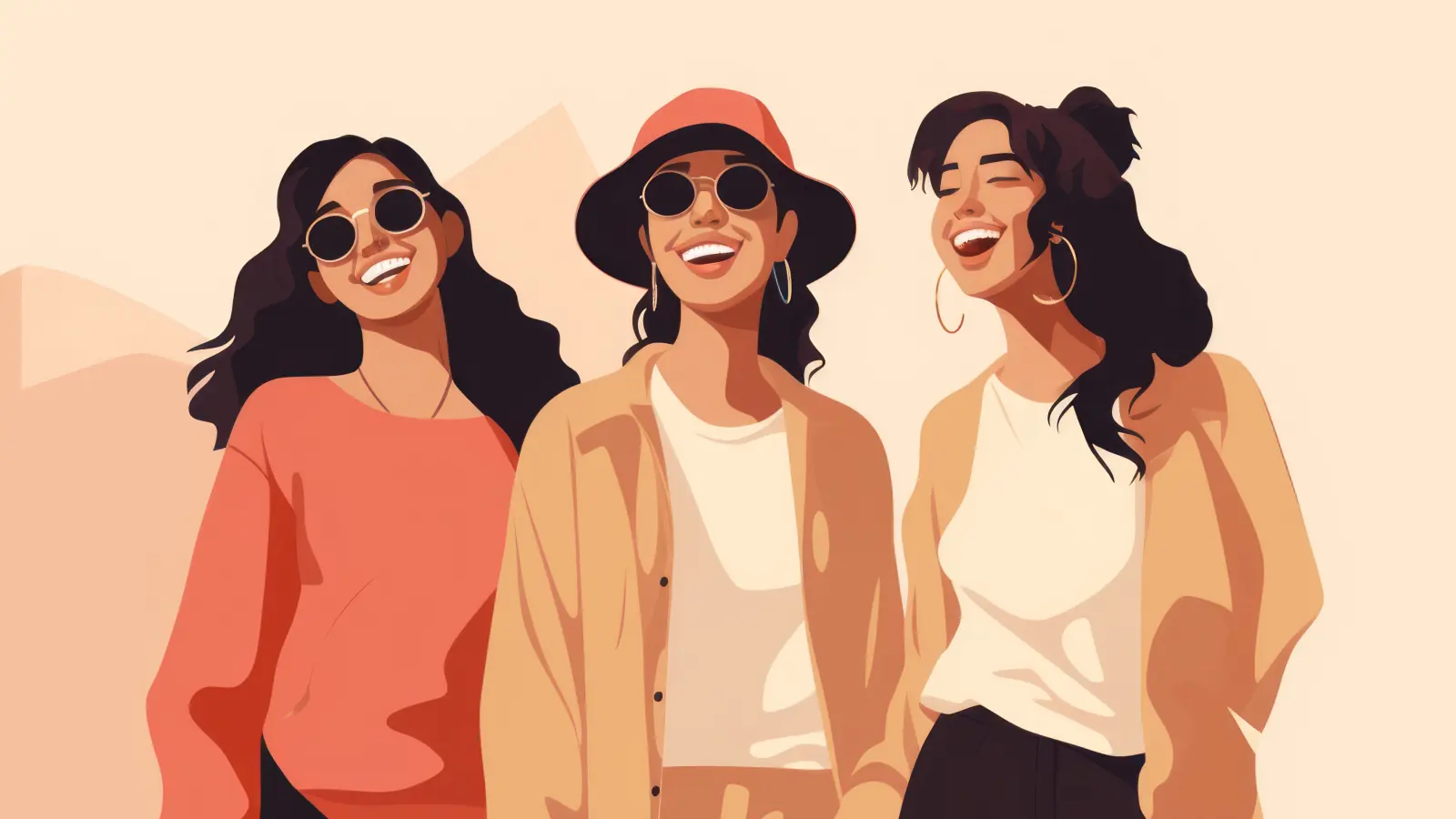 Three beautiful young women smiling and laughing together, showing friendship, joy, and positive energy in a bright and cheerful setting.