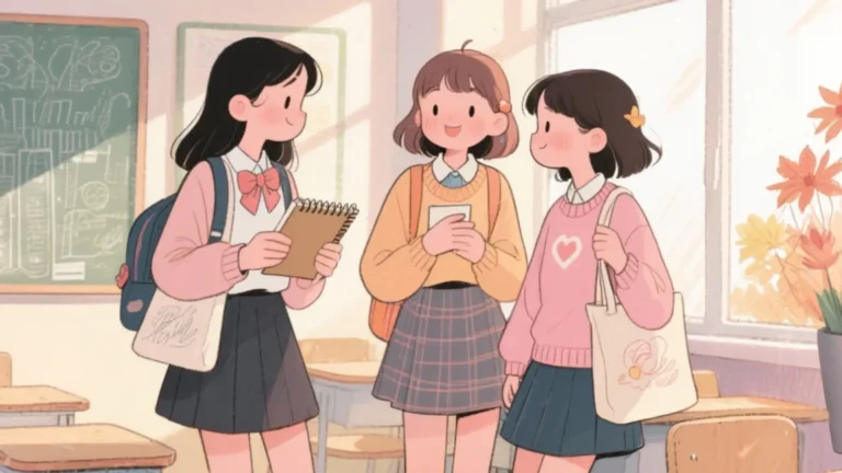 Three fashionable school girls sitting together in a classroom, showing trendy outfits, confidence, and friendship in a bright academic setting.