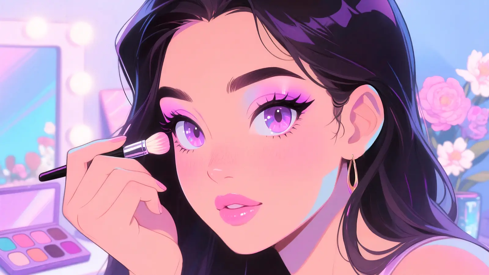 Beautiful young woman applying makeup in soft purple shades, creating a dreamy, elegant look with violet eyeshadow and gentle lighting.