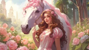 Illustration of a young girl dressed as a pink princess standing in a rose garden with a unicorn, with a majestic palace in the background. Magical and whimsical fantasy scene.