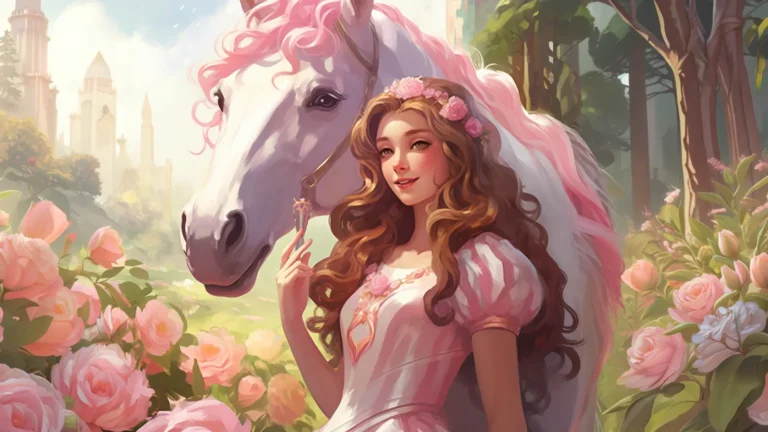 Illustration of a young girl dressed as a pink princess standing in a rose garden with a unicorn, with a majestic palace in the background. Magical and whimsical fantasy scene.