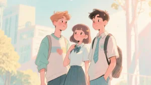 Illustration of two guys and a girl standing together in a park, city skyline visible in the background, showing friendship and urban nature balance.