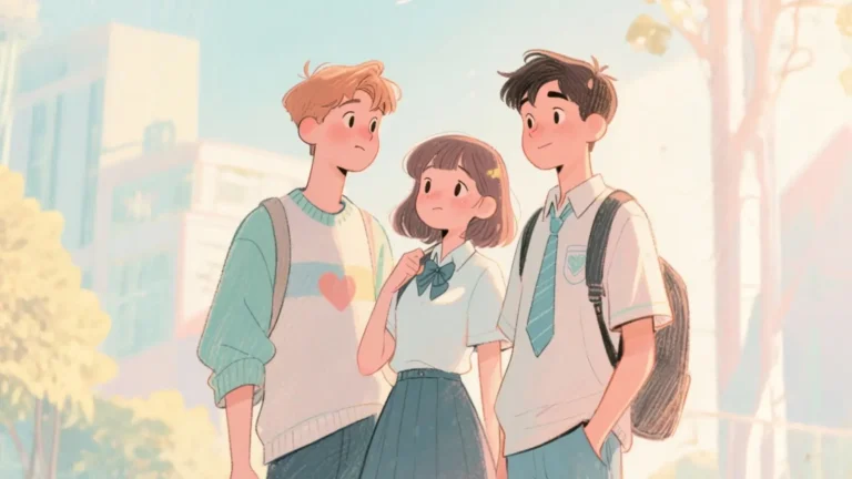 Illustration of two guys and a girl standing together in a park, city skyline visible in the background, showing friendship and urban nature balance.