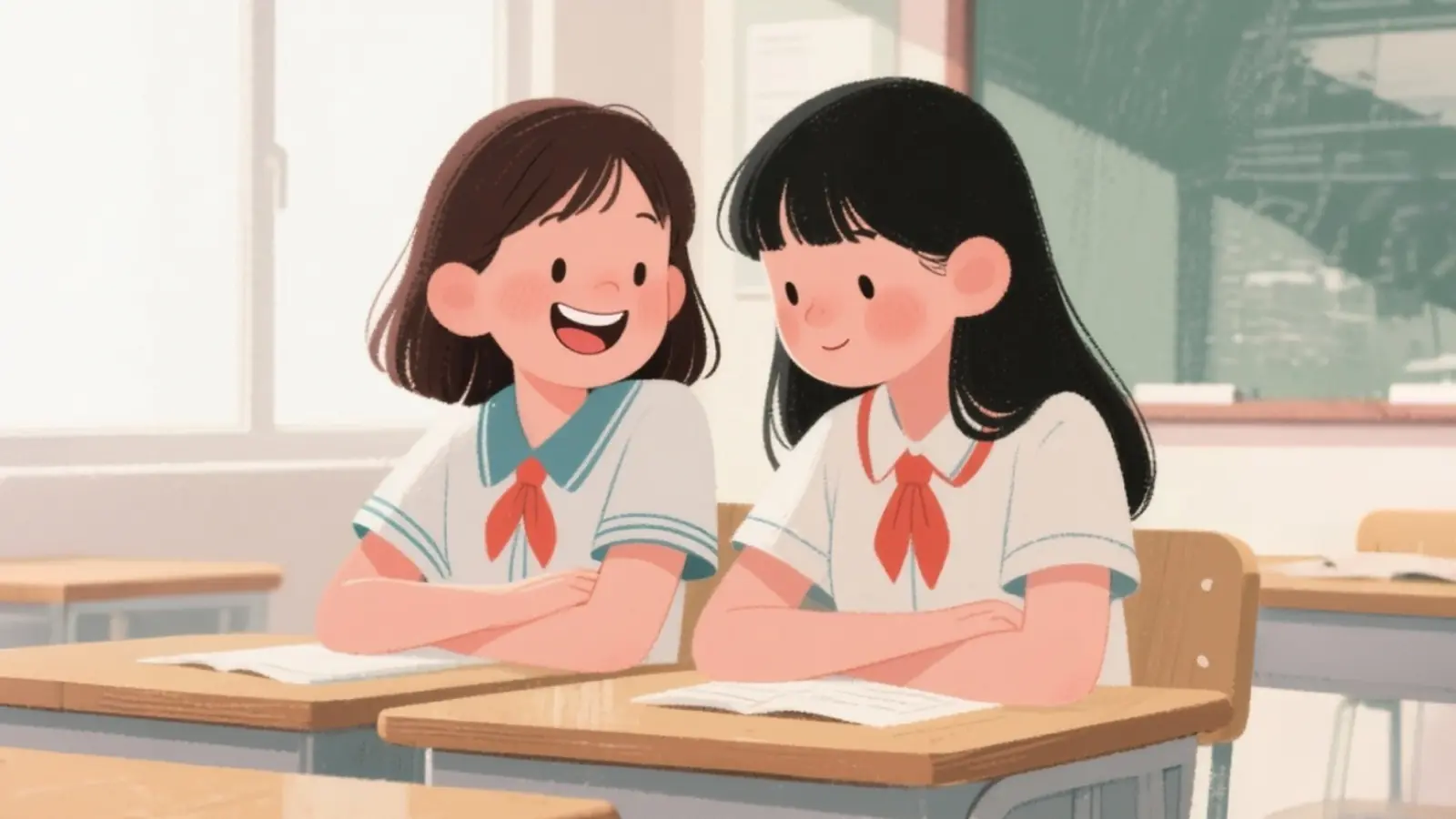 Illustration of two schoolgirls sitting at desks in a bright classroom, smiling and interacting as friends, with books and school supplies around them.
