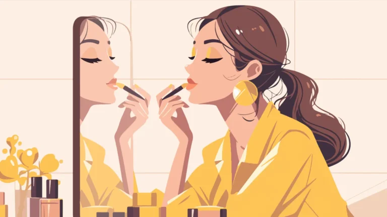 A brunette woman wearing a yellow outfit sits in front of a mirror applying lipstick. Around her are makeup products and gold earrings, capturing a glamorous and stylish beauty moment.