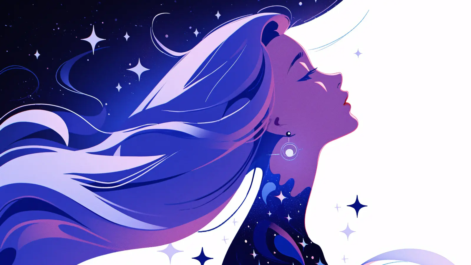 Illustration of a young woman in profile channeling magical wind energy, surrounded by swirling blue and purple magical aura, radiating mystical power and ethereal energy.