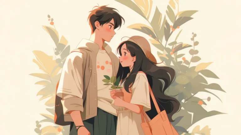 Aesthetic illustration of a girl and boy standing next to each other, soft colors and natural light, calm and romantic atmosphere, digital art scene of two people together