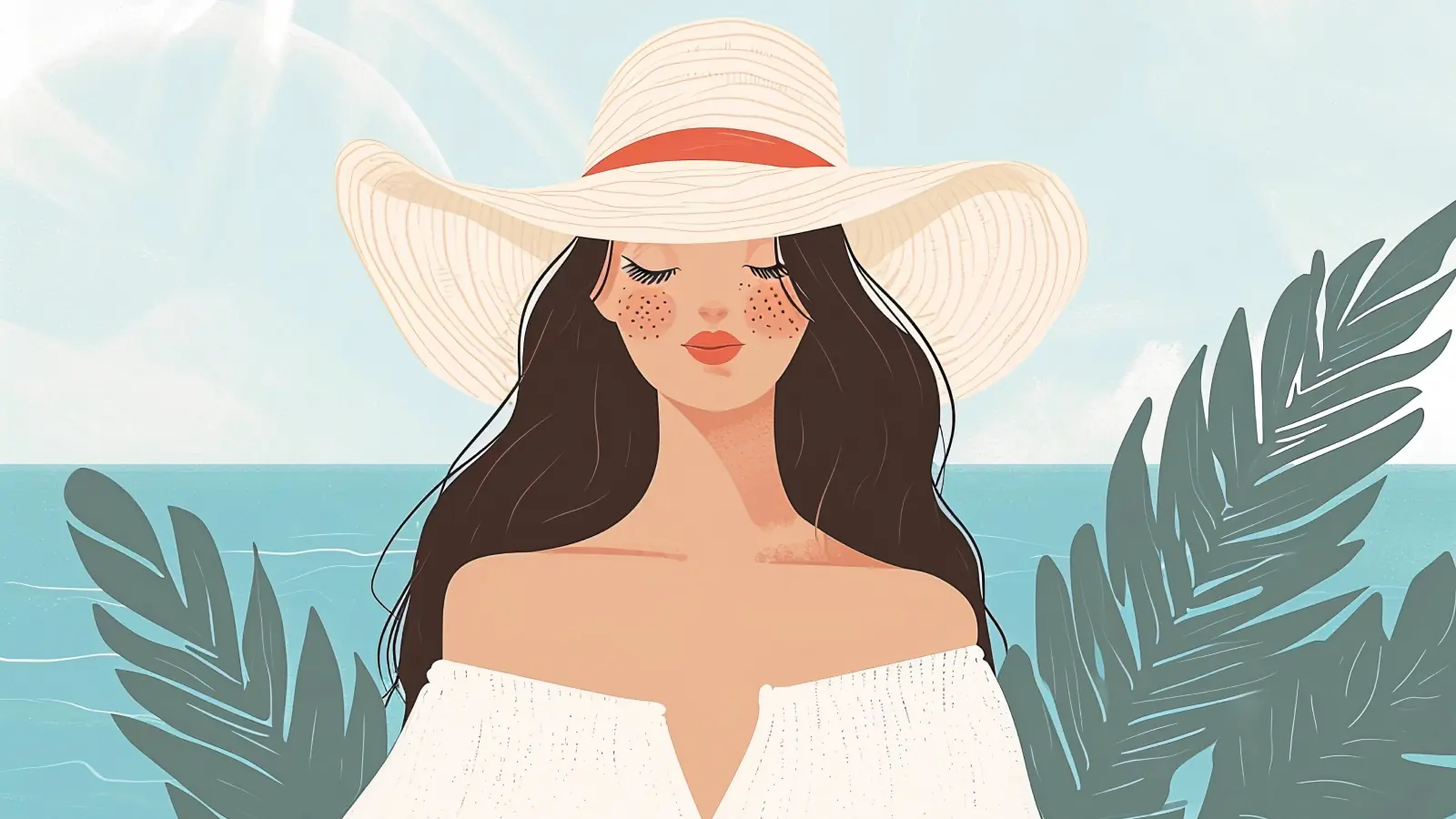 Illustration of a brunette girl wearing a white dress and wide-brimmed hat standing by the turquoise sea under a clear blue sky, with green palm leaves softly framing her in the background.