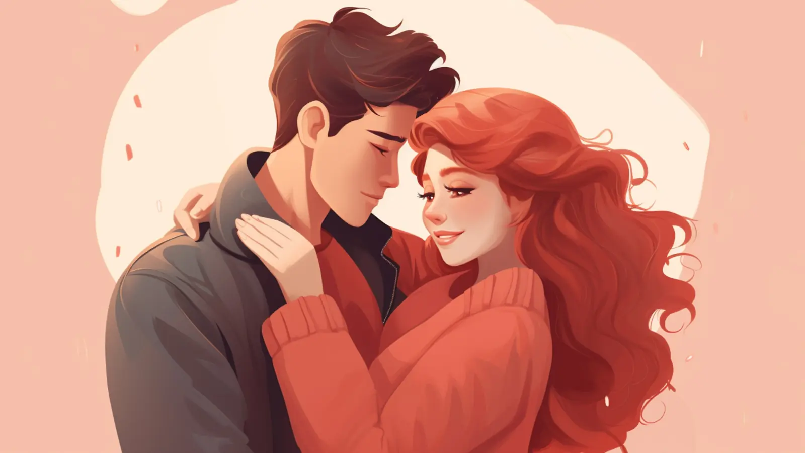 Illustration of a brunette man hugging a redhead woman around the waist, showing romance and affection