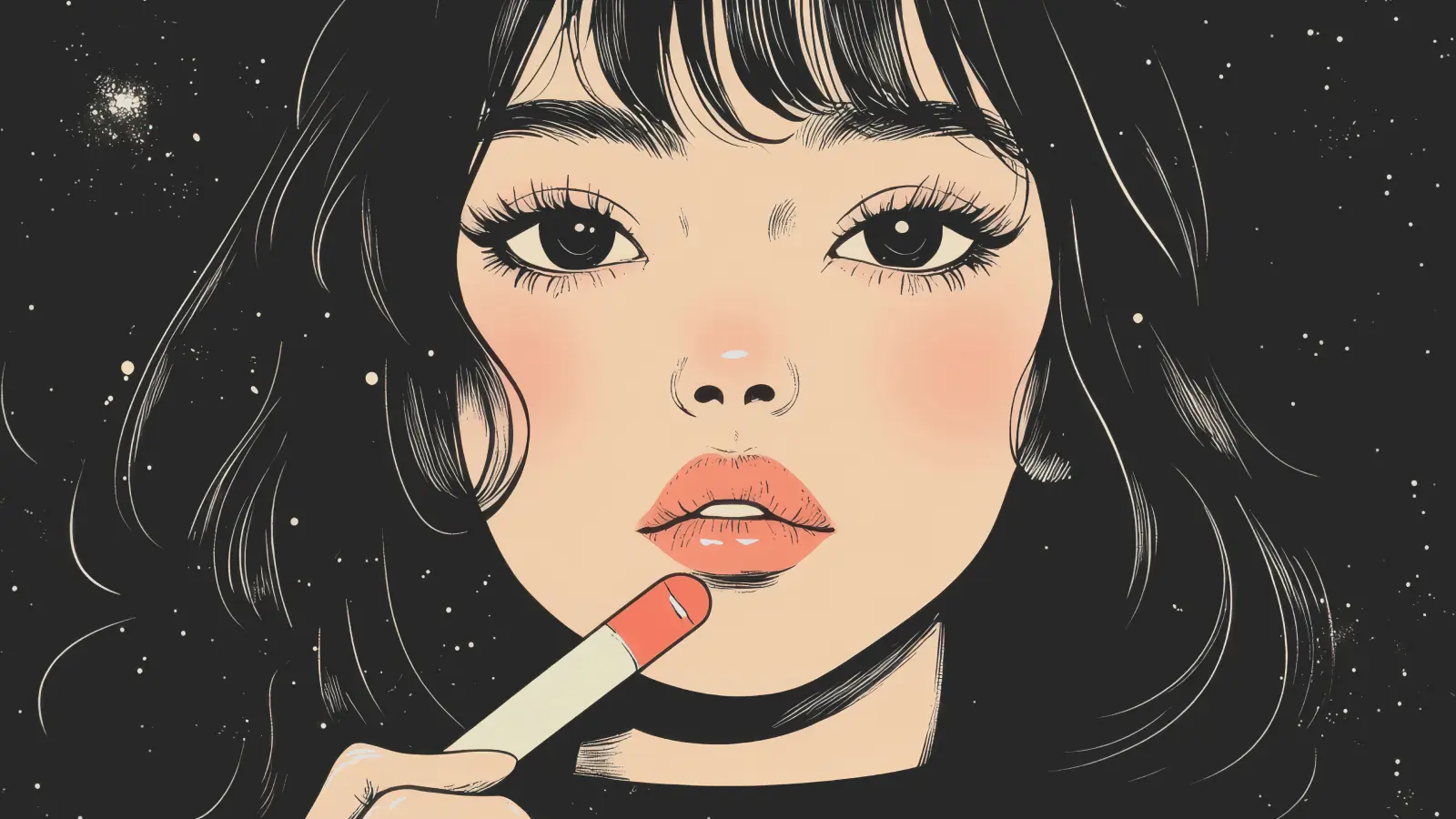 Adorable dark-haired girl with brown eyes and rosy cheeks putting on pink lipstick, close-up beauty moment