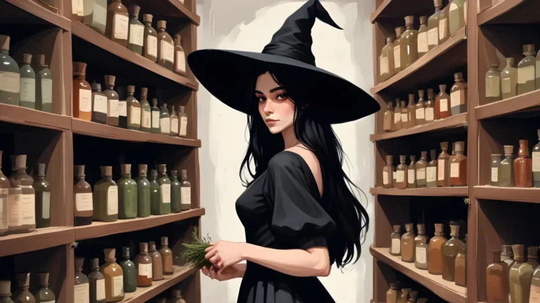 A brunette witch in black robes stands among shelves filled with colorful magical potions, casting an enchanting spell in her mystical room.