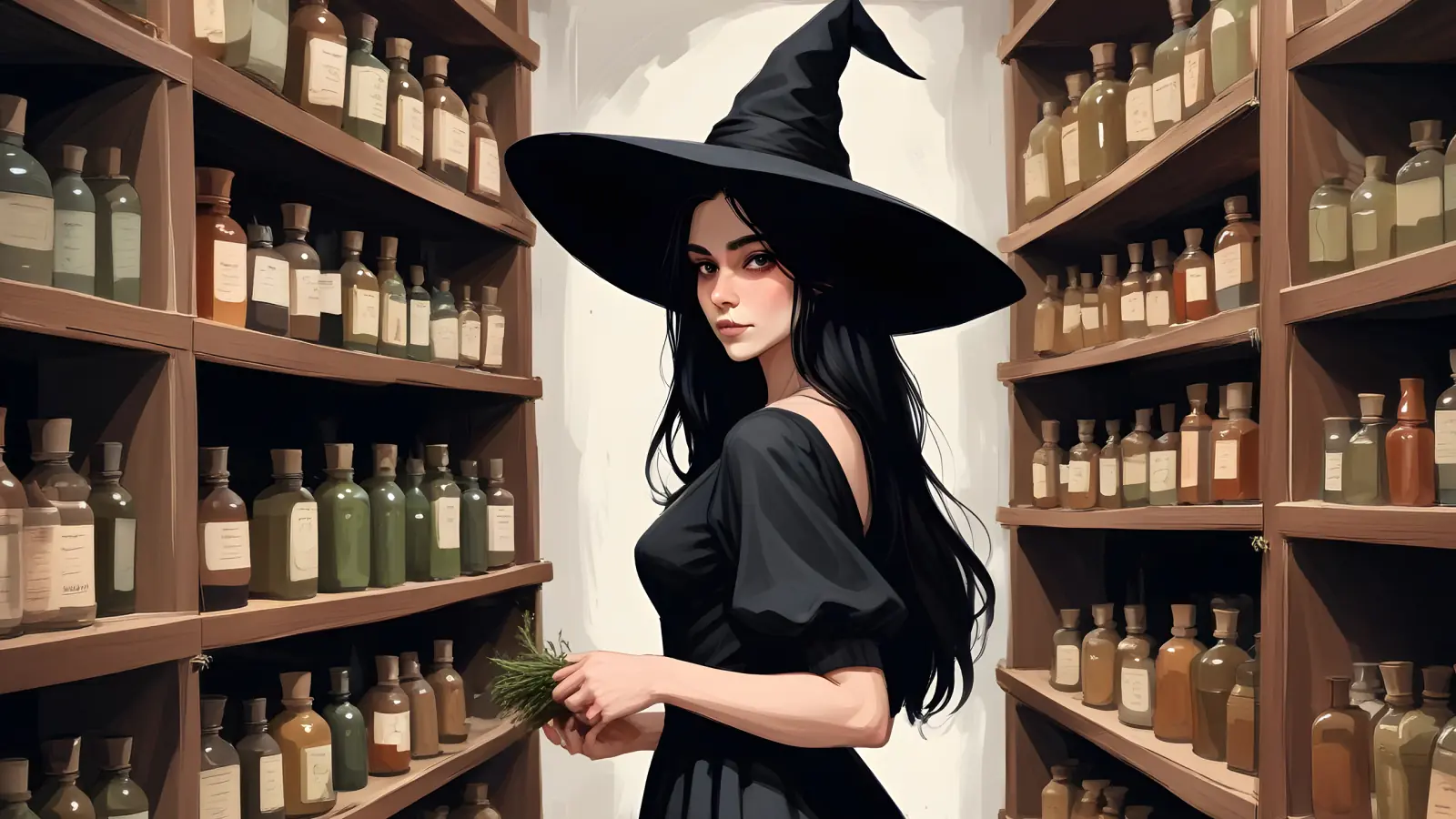 A brunette witch in black robes stands among shelves filled with colorful magical potions, casting an enchanting spell in her mystical room.