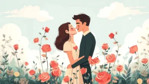 Illustration of a romantic couple embracing in a rose garden surrounded by blooming flowers under a soft pastel sky