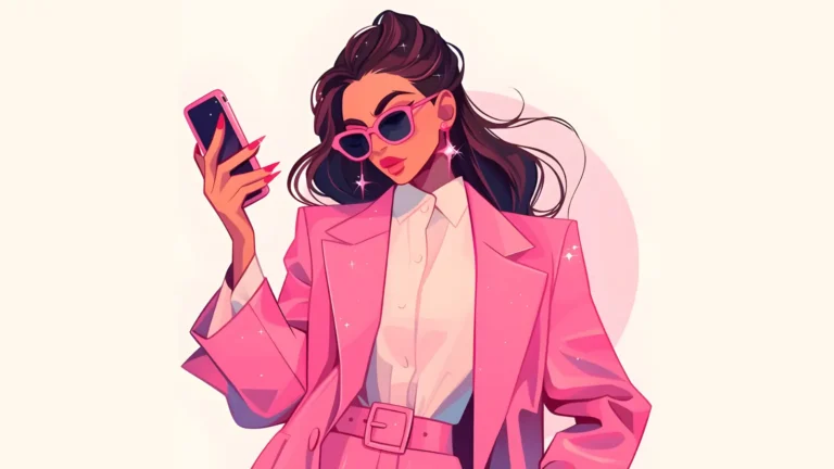 Illustration of a fashionable girl wearing a pink suit and sunglasses while holding a phone against a light background