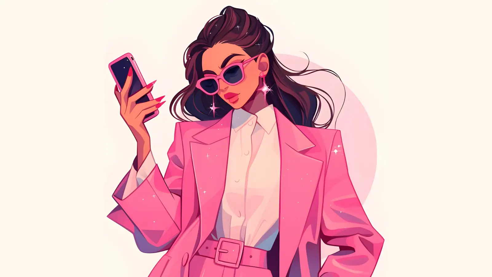 Illustration of a fashionable girl wearing a pink suit and sunglasses while holding a phone against a light background