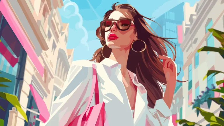 Fashion illustration of a stylish woman walking through a sunny city street, wearing oversized sunglasses, a white shirt and a pink bag, capturing modern chic lifestyle and confident feminine energy.