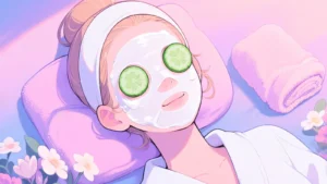 Relaxing skincare illustration of a woman with a sheet mask and cucumber slices on her eyes, lying in a spa setting with soft pastel colors and wellness vibes.