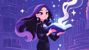 Magical illustration of a girl reading a glowing spellbook in a starry purple library, fantasy art with mystical light and witchy aesthetic.