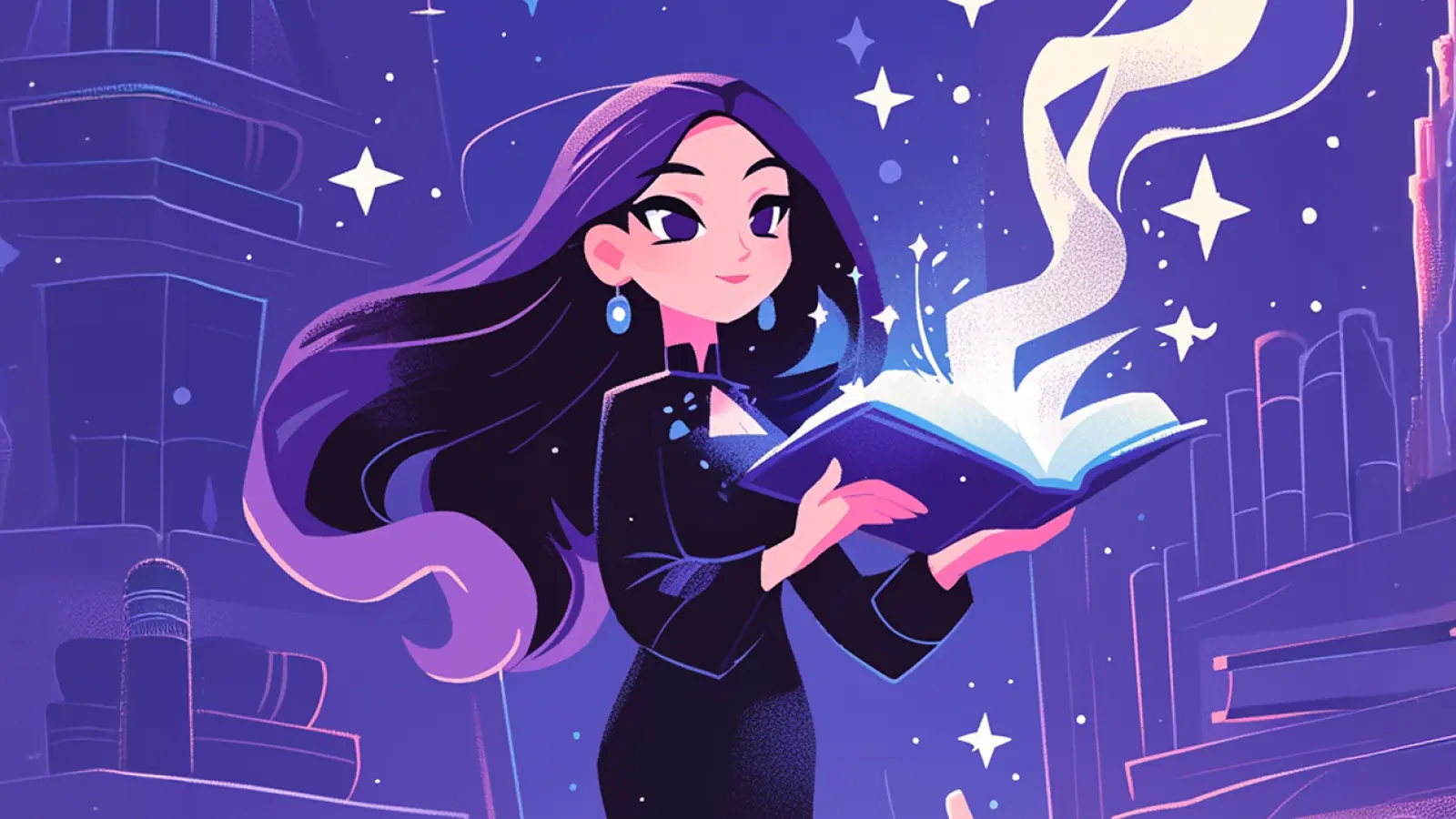 Magical illustration of a girl reading a glowing spellbook in a starry purple library, fantasy art with mystical light and witchy aesthetic.