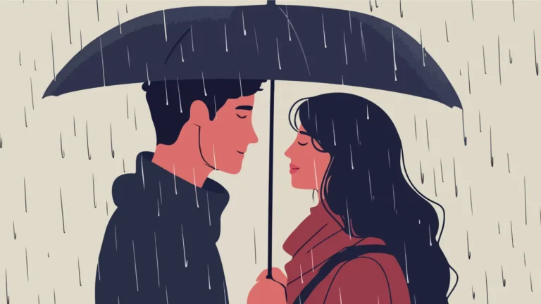 Romantic Couple Under an Umbrella in the Rain Illustration
