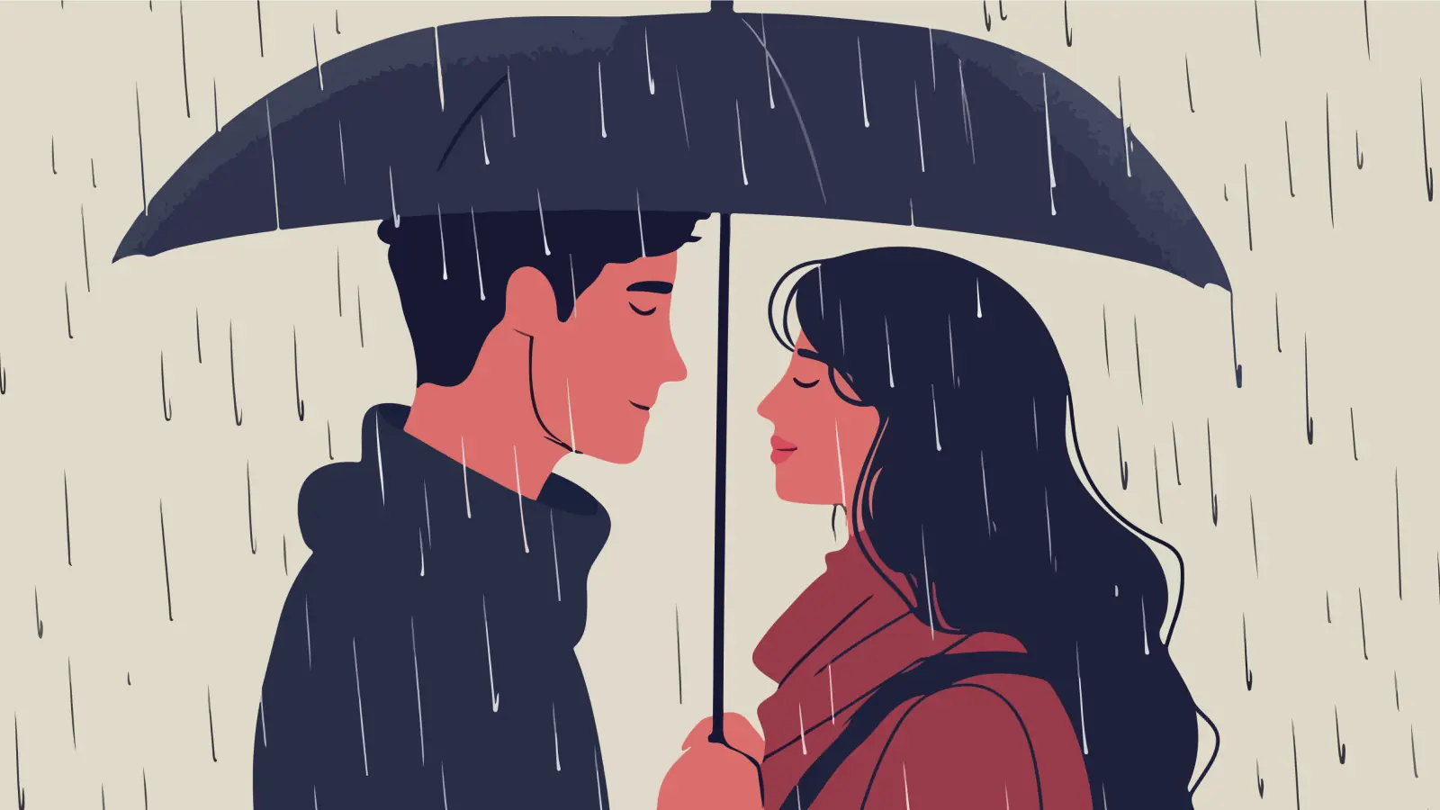 Romantic Couple Under an Umbrella in the Rain Illustration
