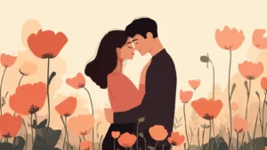 Illustration of a romantic couple standing close and embracing in a field of warm toned flowers, sharing an intimate and tender moment.