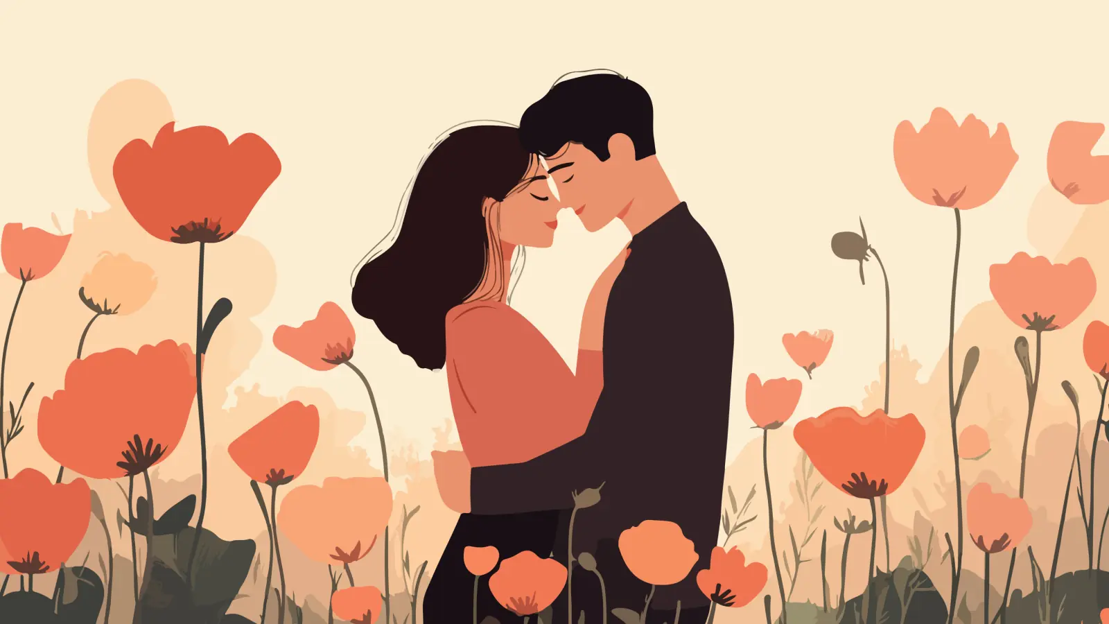Illustration of a romantic couple standing close and embracing in a field of warm toned flowers, sharing an intimate and tender moment.