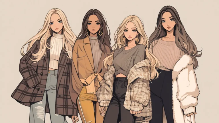 Aesthetic digital illustration of four stylish girls in cozy fall outfits standing together in a soft neutral palette fashion art
