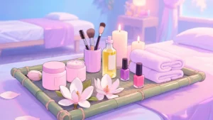 A soft pastel illustration of spa beauty products arranged on a bamboo tray with candles, lotus flowers, skincare jars, towels and nail polish in a calming room atmosphere