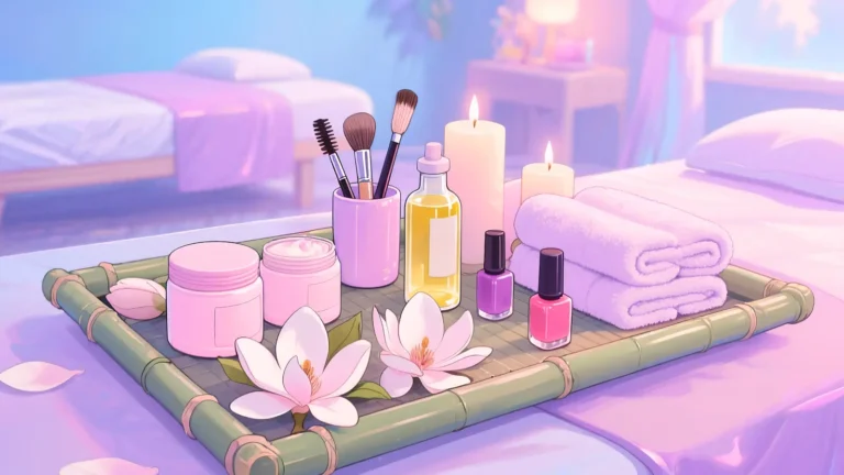 A soft pastel illustration of spa beauty products arranged on a bamboo tray with candles, lotus flowers, skincare jars, towels and nail polish in a calming room atmosphere